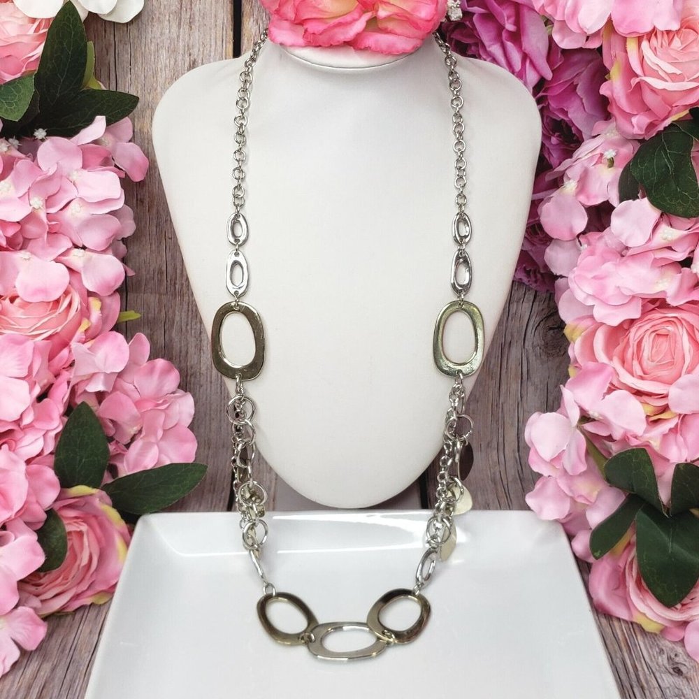 Chico's Shiny Silver Tone Long Chain Link Necklace with  Dangle Charms